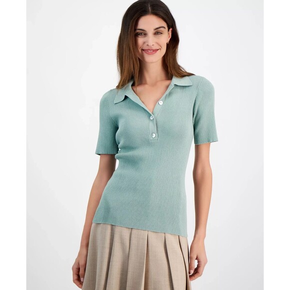 Tahari ASL Women's Warm And Cozy Rib-Knit Polo Sweater Top Dusty Aqua Size L - Picture 2 of 5